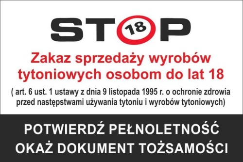 Przejdź do produktu Naklejka - Zakaz sprzedaży papierosów osobom do lat18 - 20x30cm PCV5mm