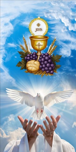 Przejdź do produktu Baner Reklamowy Boże Ciało Eucharystyczna Dekoracja Ołtarza z Hostią i Gołębiem