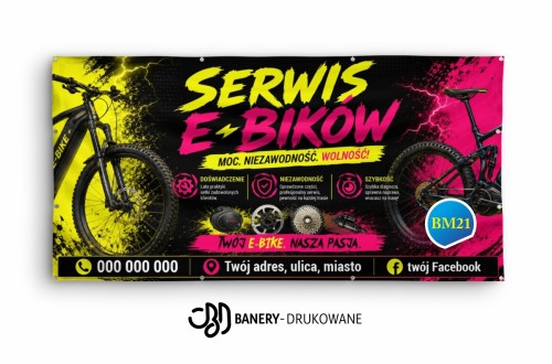 Przejdź do produktu Baner reklamowy „Serwis E-Bike” – baner do serwisu rowerów elektrycznych, naprawa e-bike, warsztat rowerowy