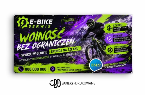 Przejdź do produktu Baner reklamowy „Serwis E-Bike – Wolność bez ograniczeń” – baner do serwisu rowerów elektrycznych, naprawa e-bike