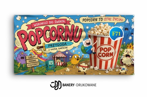 Przejdź do produktu Baner reklamowy „Popcorn – Przygoda z każdą garścią” – baner na popcorn, stoisko gastronomiczne, festyn i imprezę