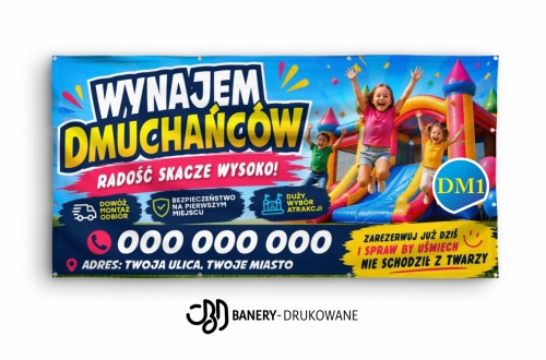Przejdź do produktu Baner reklamowy „Dmuchańce” – baner wynajem dmuchańców, zamki dmuchane, zjeżdżalnie i atrakcje dla dzieci