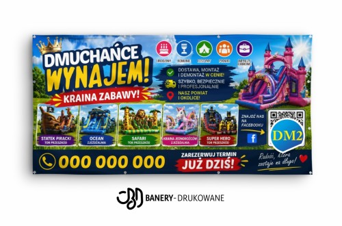 Przejdź do produktu Baner reklamowy „Dmuchańce Wynajem” – wynajem dmuchańców, zamki dmuchane, zjeżdżalnie i atrakcje dla dzieci
