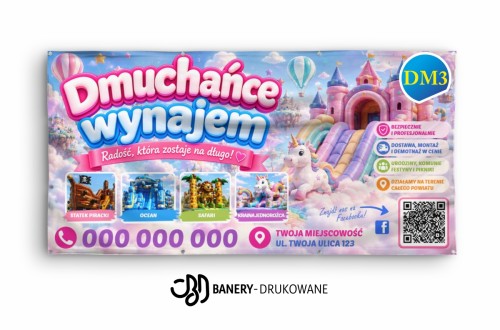 Przejdź do produktu Baner reklamowy „Dmuchańce Wynajem” – wynajem dmuchańców, zamki dmuchane, zjeżdżalnie i atrakcje dla dzieci