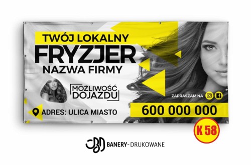 Przejdź do produktu Baner Reklamowy Fryzjer Możliwość Dojazdy Zakład Fryzjerski 