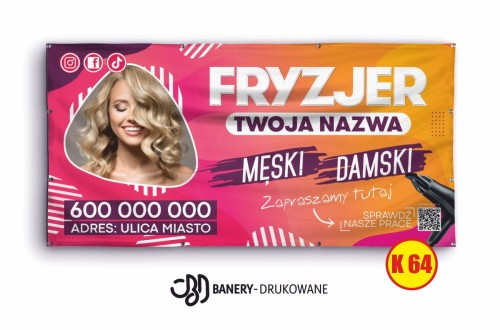 Przejdź do produktu Baner Reklamowy Fryzjer Męski Damski Zapraszamy Tutaj 